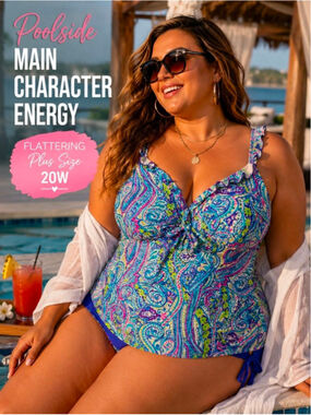 Kim Rogers Curvy Paisley Tankini Set Plus Size 20W Blue Pink Resort Swimwear